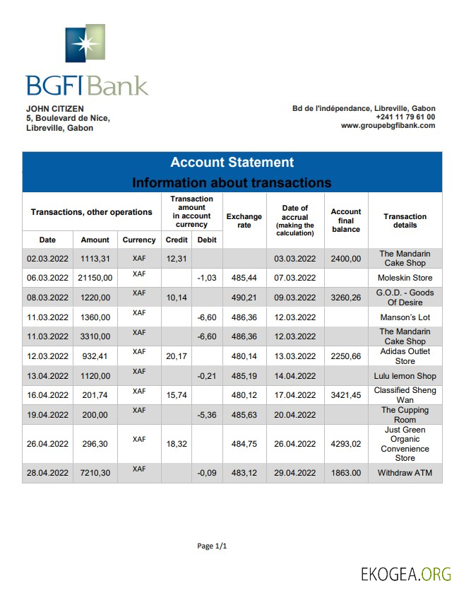 Relevé bancaire BGFI du Gabon